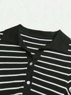 Lined Cashmere Blend Knit Sweater Turndown Collar Stripe
