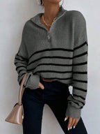 Autumn Striped Zip Up Drop Shoulder Long Sleeve Pullover