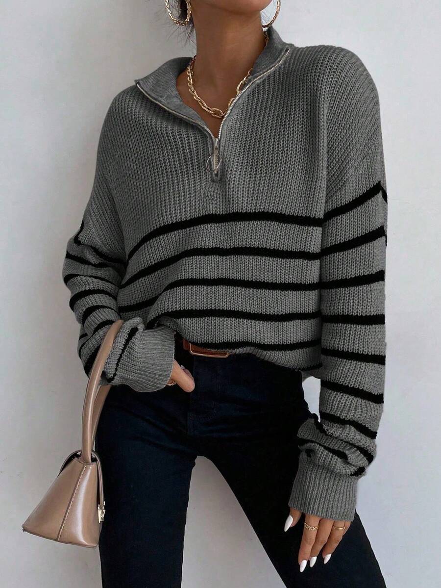 Autumn Striped Zip Up Drop Shoulder Long Sleeve Pullover