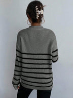Autumn Striped Zip Up Drop Shoulder Long Sleeve Pullover