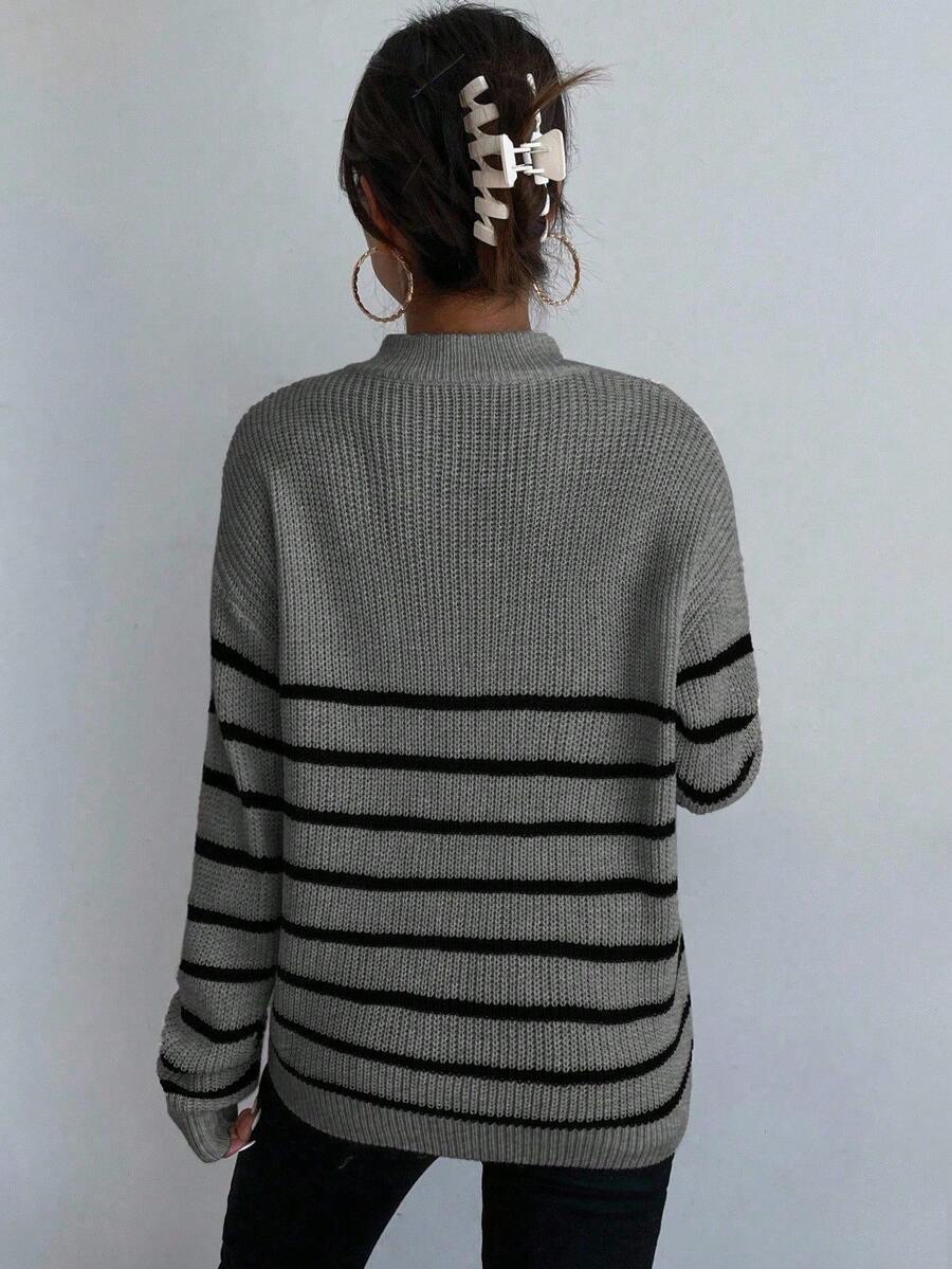 Autumn Striped Zip Up Drop Shoulder Long Sleeve Pullover