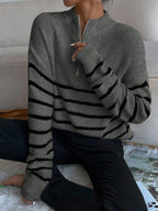 Autumn Striped Zip Up Drop Shoulder Long Sleeve Pullover