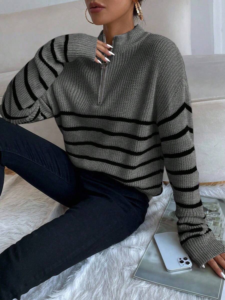 Autumn Striped Zip Up Drop Shoulder Long Sleeve Pullover