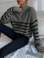 Autumn Striped Zip Up Drop Shoulder Long Sleeve Pullover