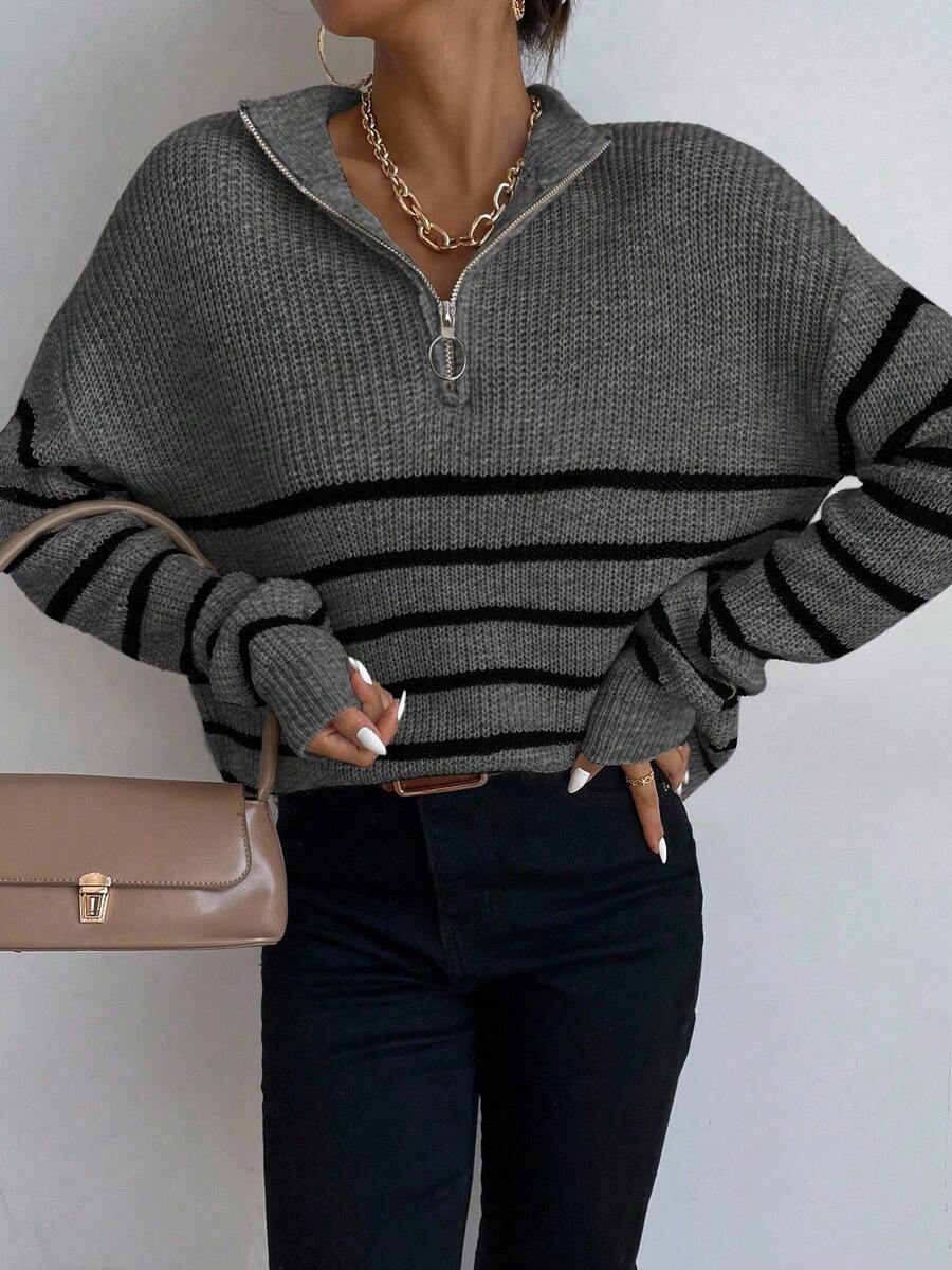 Autumn Striped Zip Up Drop Shoulder Long Sleeve Pullover