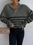 Autumn Striped Zip Up Drop Shoulder Long Sleeve Pullover