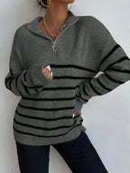 Autumn Striped Zip Up Drop Shoulder Long Sleeve Pullover