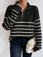 Autumn Striped Zip Up Drop Shoulder Long Sleeve Pullover