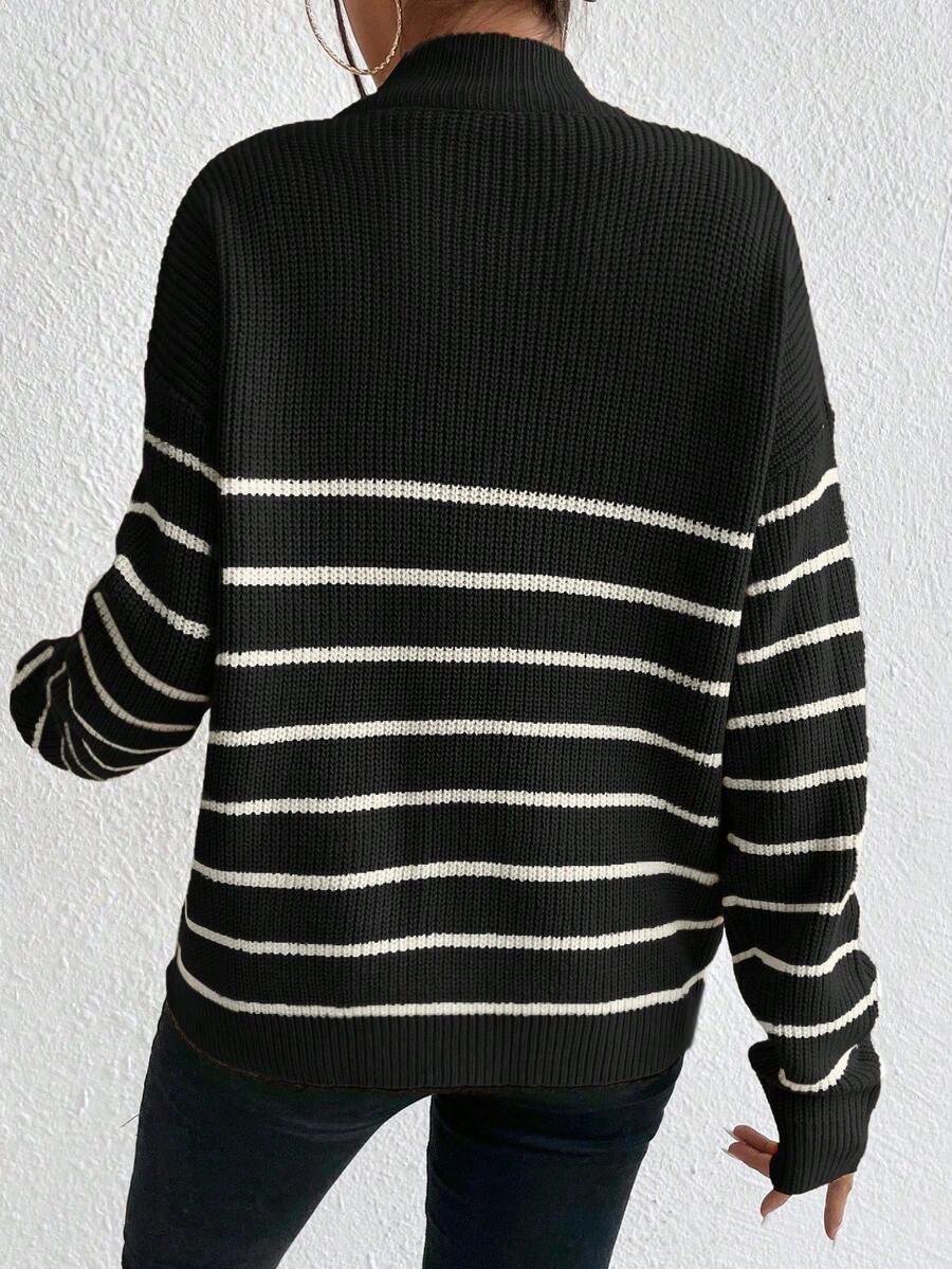 Autumn Striped Zip Up Drop Shoulder Long Sleeve Pullover
