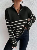 Autumn Striped Zip Up Drop Shoulder Long Sleeve Pullover