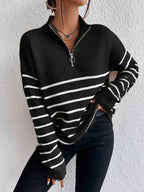Autumn Striped Zip Up Drop Shoulder Long Sleeve Pullover