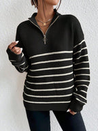 Autumn Striped Zip Up Drop Shoulder Long Sleeve Pullover