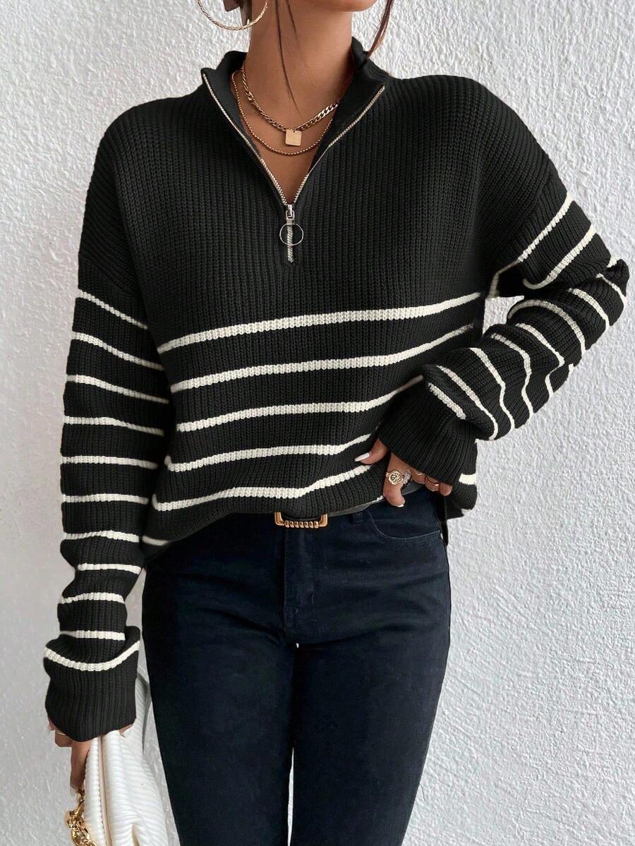 Autumn Striped Zip Up Drop Shoulder Long Sleeve Pullover