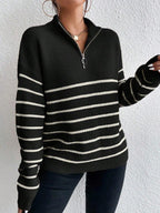 Autumn Striped Zip Up Drop Shoulder Long Sleeve Pullover