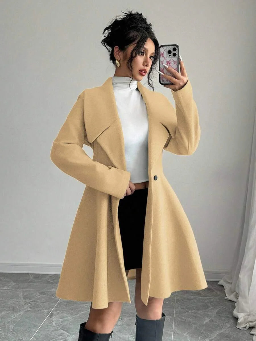 Elegant Minimalist Wool Overcoat With Waterfall Neckline