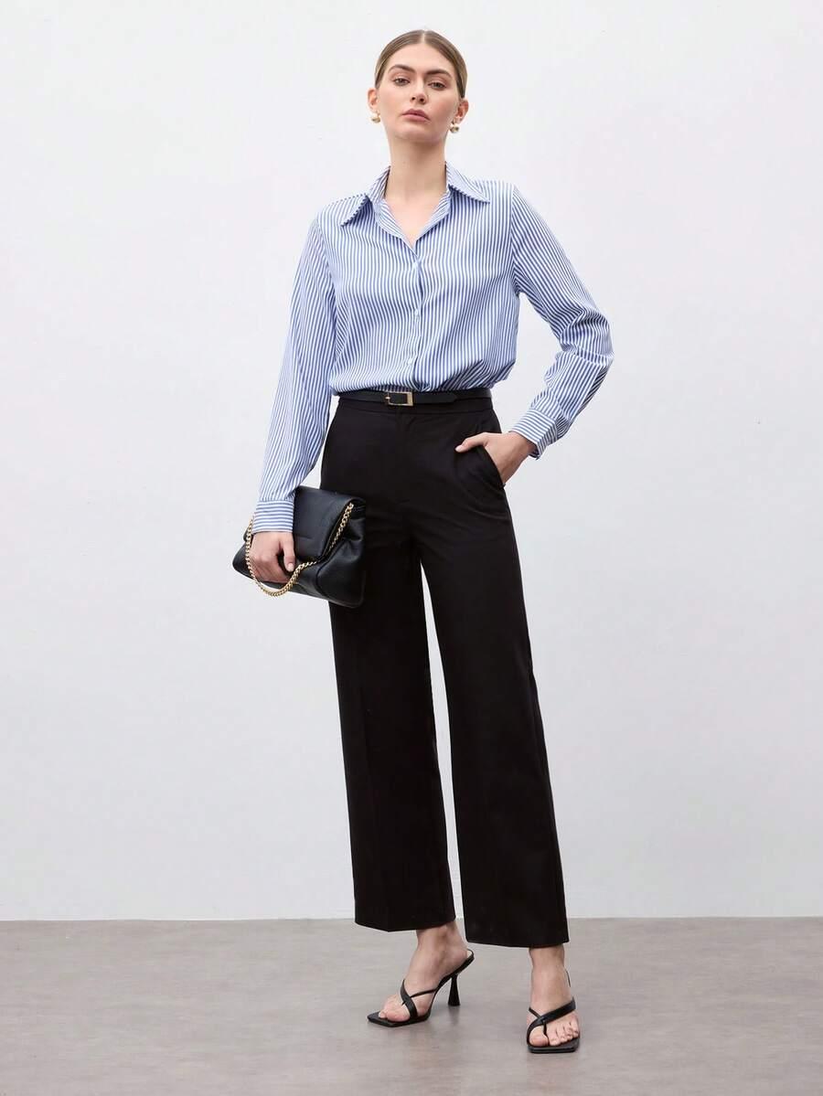 Front Button-Down Long Sleeve Shirt Versatile Elegant Chic