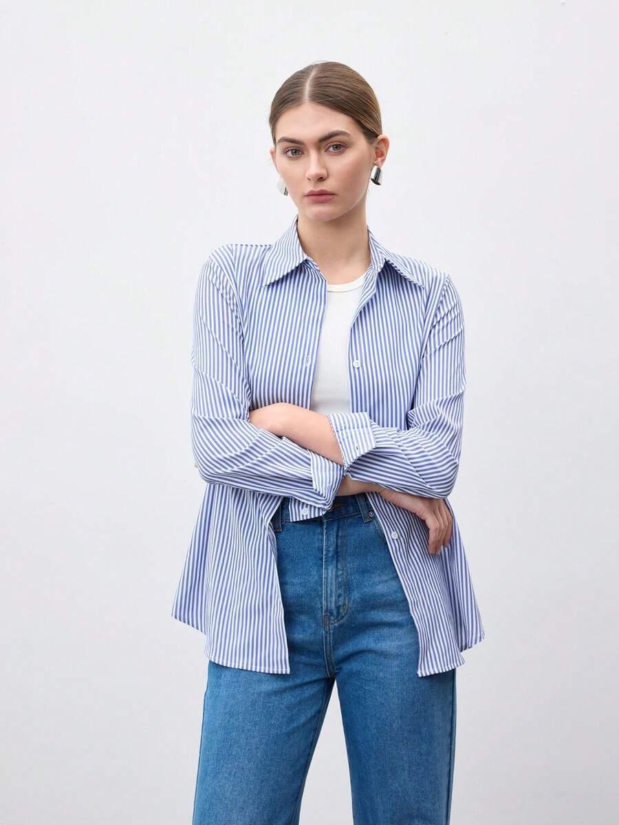 Front Button-Down Long Sleeve Shirt Versatile Elegant Chic