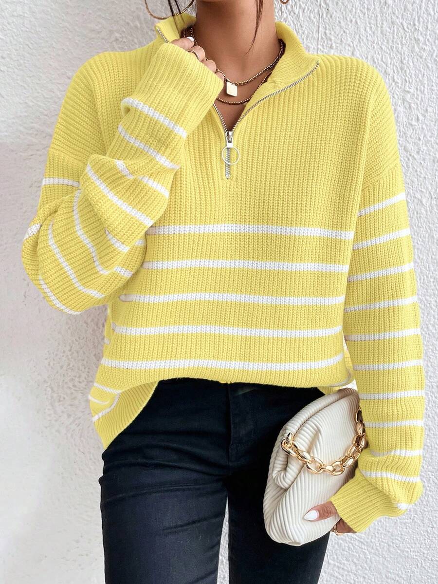 Autumn Striped Zip Up Drop Shoulder Long Sleeve Pullover