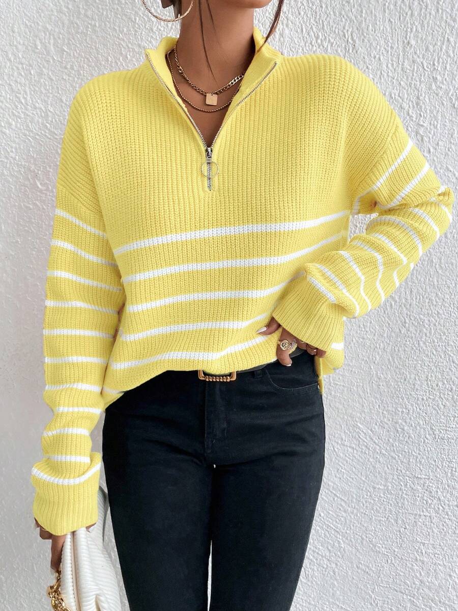 Autumn Striped Zip Up Drop Shoulder Long Sleeve Pullover