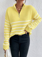 Autumn Striped Zip Up Drop Shoulder Long Sleeve Pullover