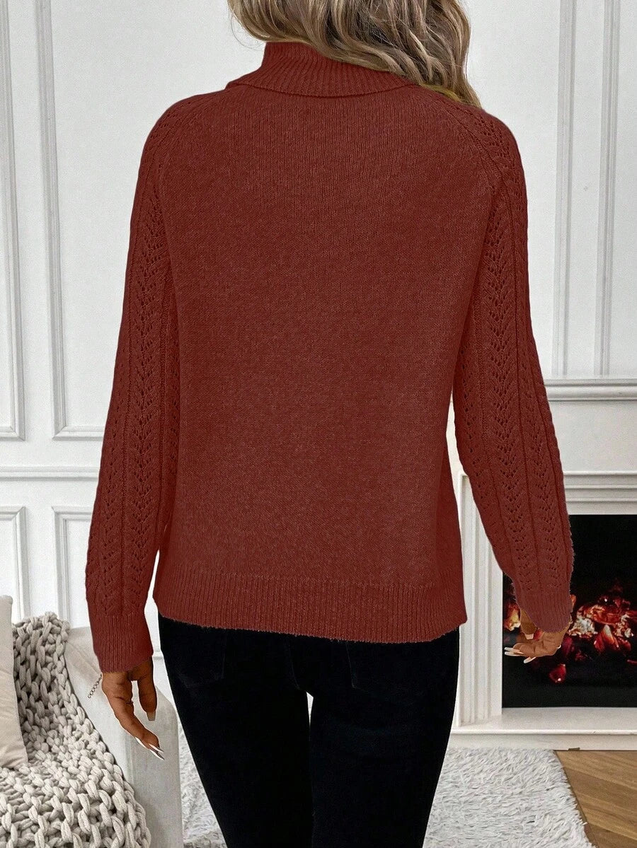 White Pointelle Hollow Out Raglan Sleeve Pullover Sweater Cozy Winter Casual Knit For Daily Wear