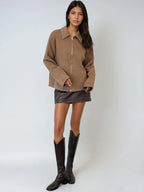 Beaded Collar Zip Front Jacket With Casual Loose Fit