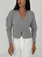V Neck Long Sleeve Button Front Knit Cardigan