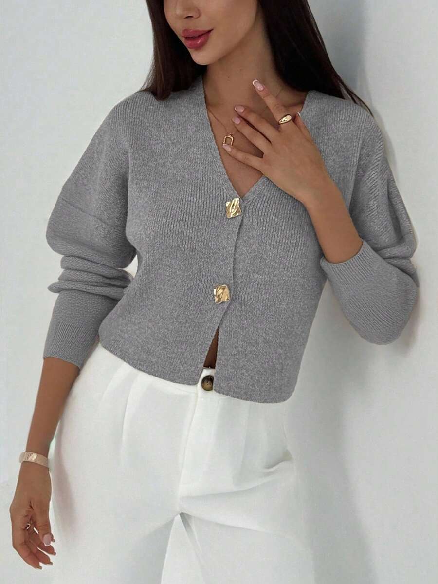 V Neck Long Sleeve Button Front Knit Cardigan