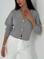 V Neck Long Sleeve Button Front Knit Cardigan
