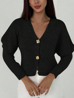 V Neck Long Sleeve Button Front Knit Cardigan