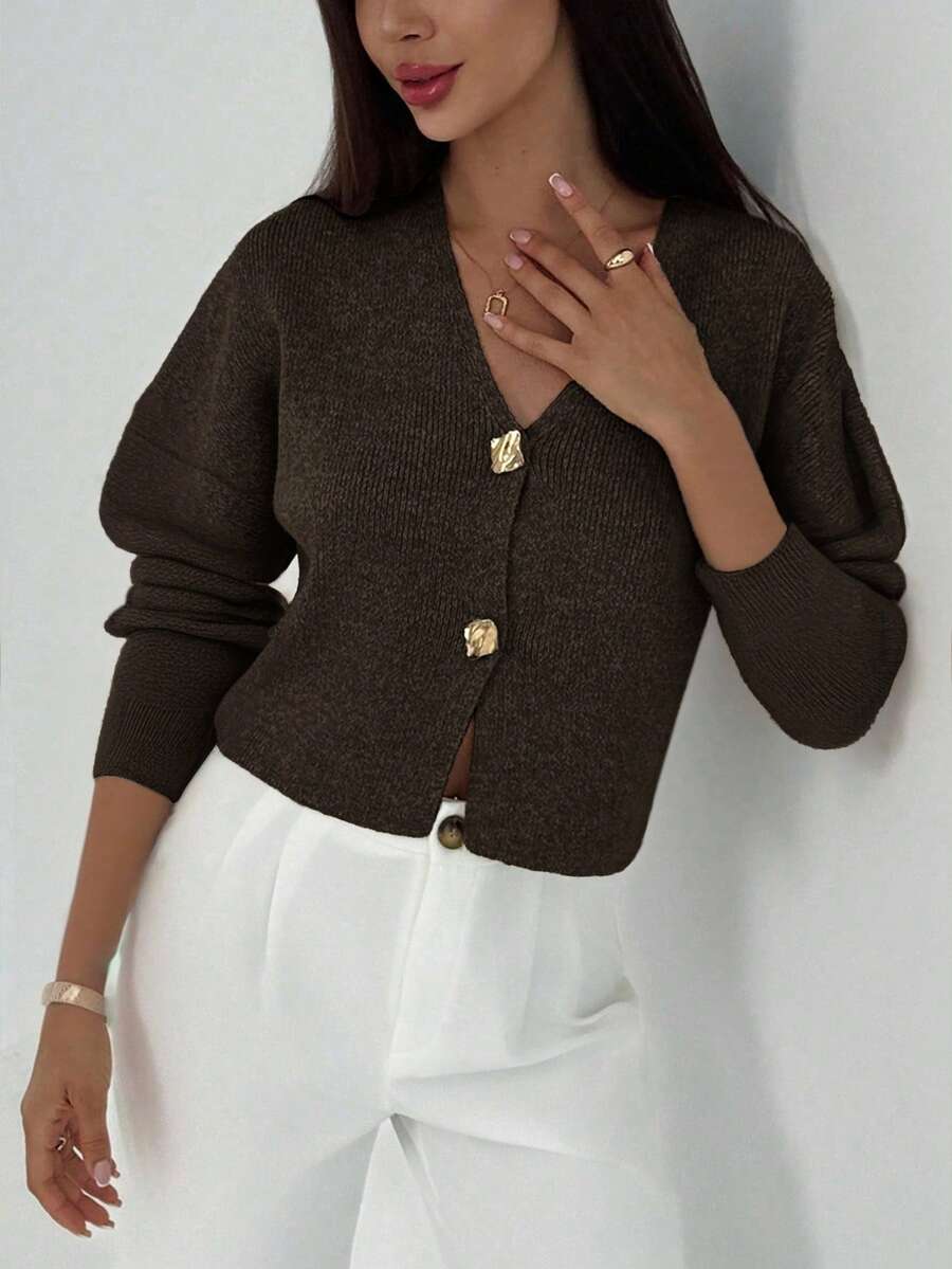 V Neck Long Sleeve Button Front Knit Cardigan