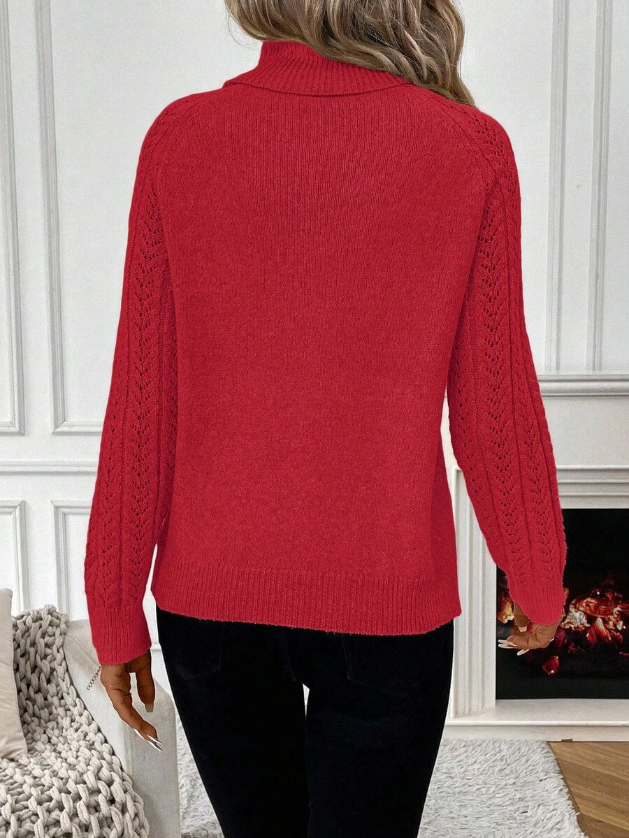 White Pointelle Hollow Out Raglan Sleeve Pullover Sweater Cozy Winter Casual Knit For Daily Wear