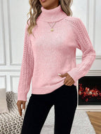 White Pointelle Hollow Out Raglan Sleeve Pullover Sweater Cozy Winter Casual Knit For Daily Wear