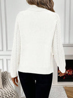 White Pointelle Hollow Out Raglan Sleeve Pullover Sweater Cozy Winter Casual Knit For Daily Wear