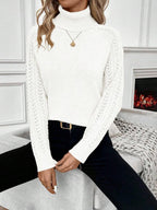 White Pointelle Hollow Out Raglan Sleeve Pullover Sweater Cozy Winter Casual Knit For Daily Wear