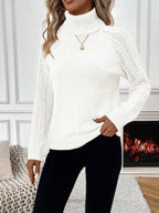 White Pointelle Hollow Out Raglan Sleeve Pullover Sweater Cozy Winter Casual Knit For Daily Wear