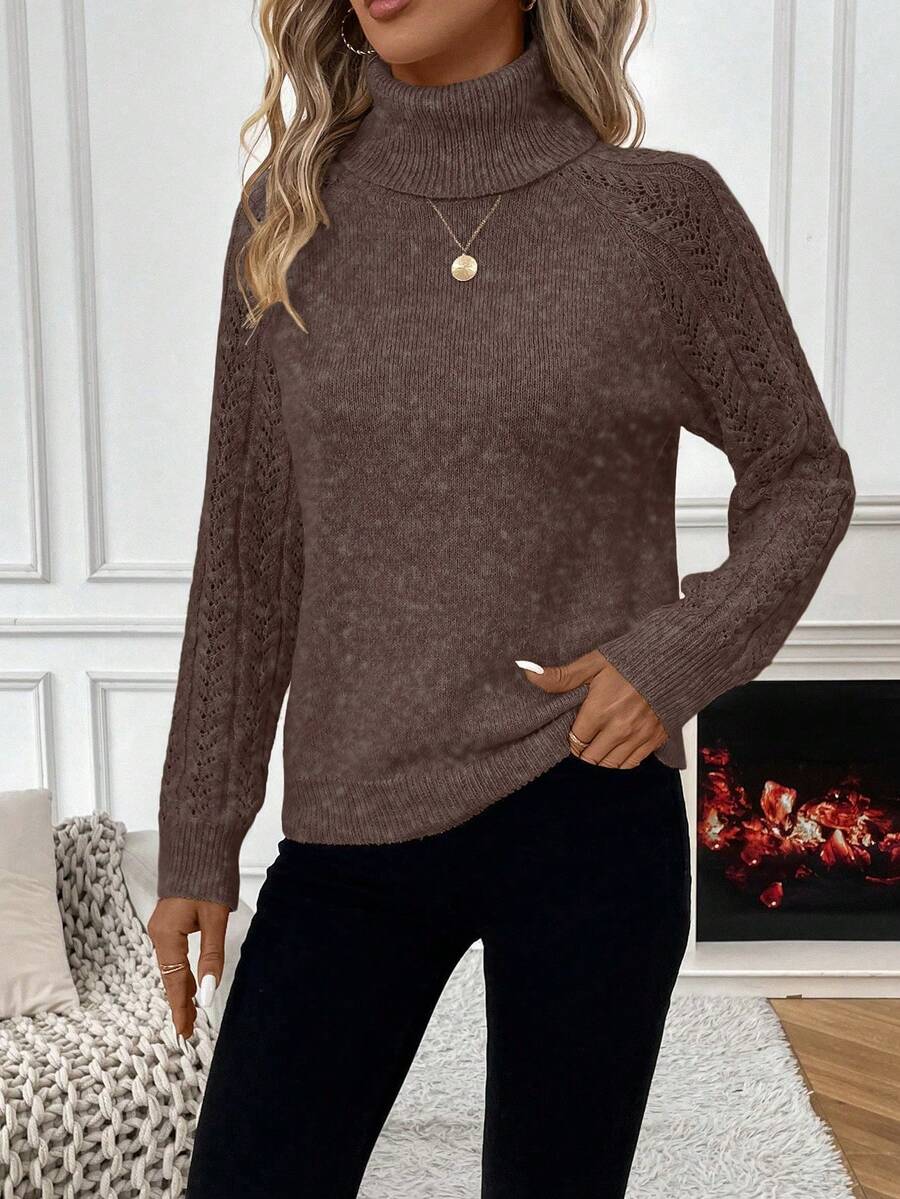 White Pointelle Hollow Out Raglan Sleeve Pullover Sweater Cozy Winter Casual Knit For Daily Wear