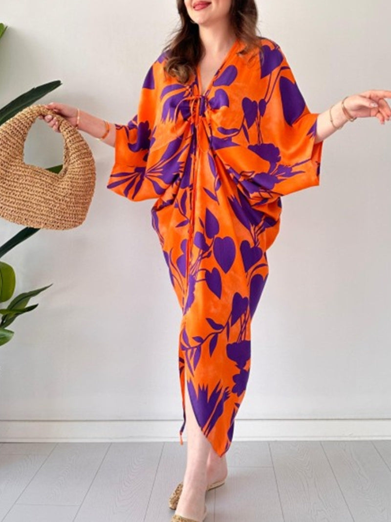 Fashion Printed Bat Sleeve V-Neck Dress
