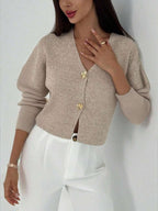 V Neck Long Sleeve Button Front Knit Cardigan