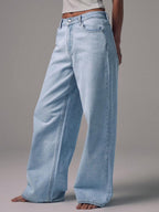 Mid Rise Wide Leg Denim Jeans With Silver Button Detail For Casual Everyday Wear