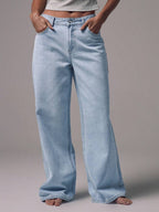 Mid Rise Wide Leg Denim Jeans With Silver Button Detail For Casual Everyday Wear