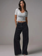 Mid Rise Wide Leg Denim Jeans With Silver Button Detail For Casual Everyday Wear