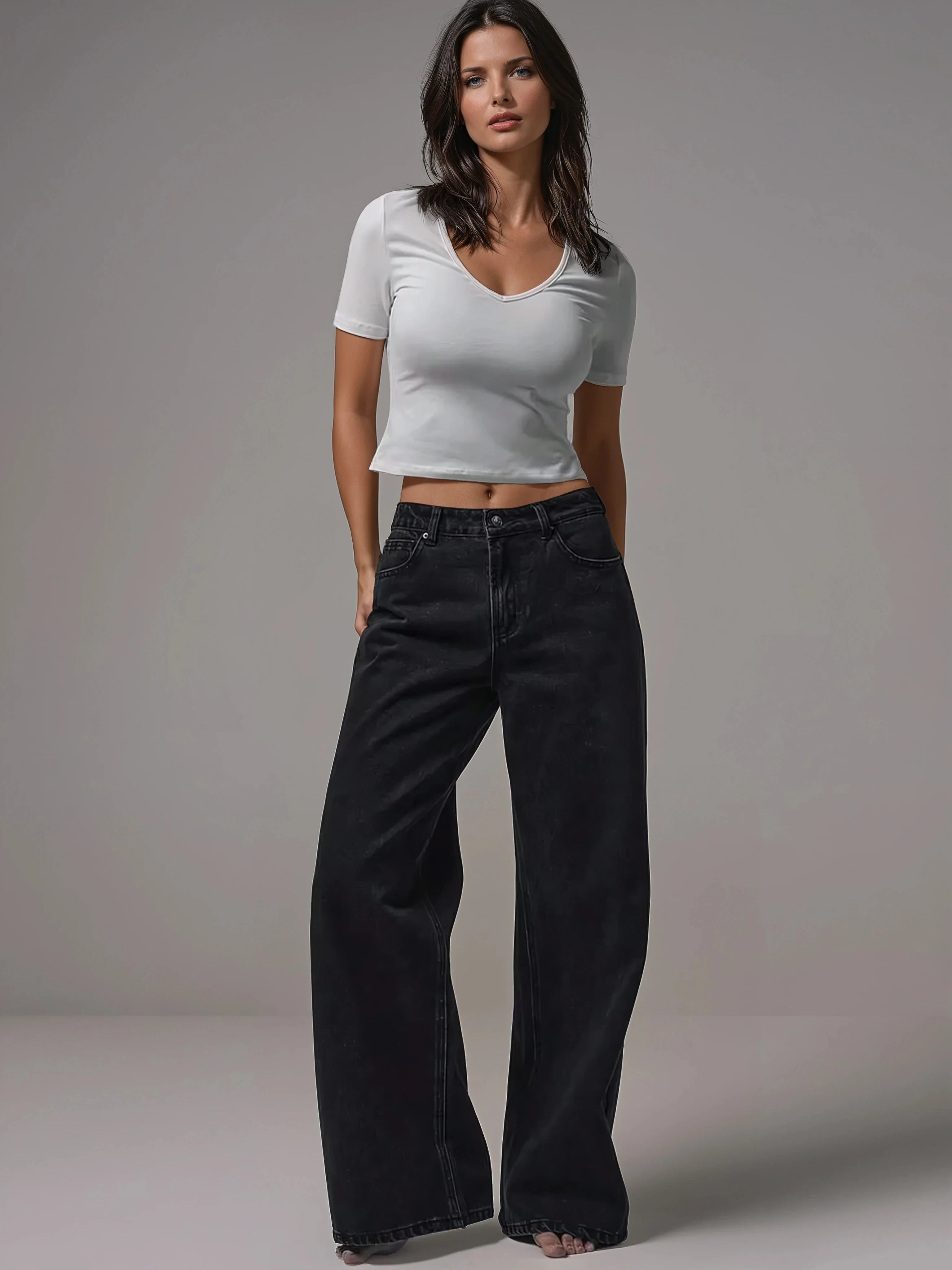 Mid Rise Wide Leg Denim Jeans With Silver Button Detail For Casual Everyday Wear