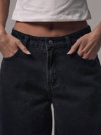 Mid Rise Wide Leg Denim Jeans With Silver Button Detail For Casual Everyday Wear