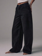 Mid Rise Wide Leg Denim Jeans With Silver Button Detail For Casual Everyday Wear
