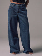 Mid Rise Wide Leg Denim Jeans With Silver Button Detail For Casual Everyday Wear