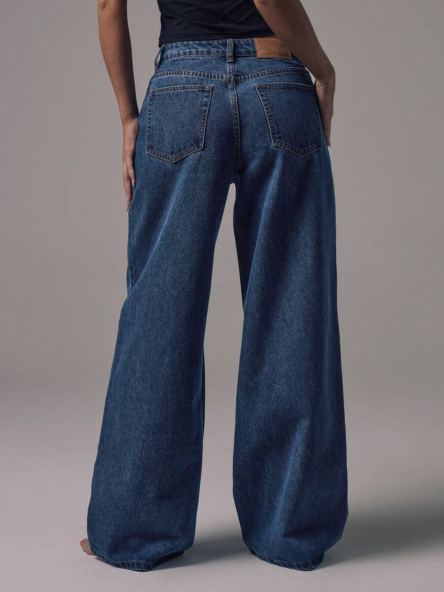 Mid Rise Wide Leg Denim Jeans With Silver Button Detail For Casual Everyday Wear