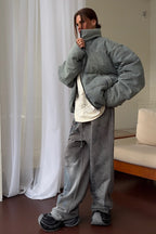 Washed Denim Stand Collar Puffer Jacket