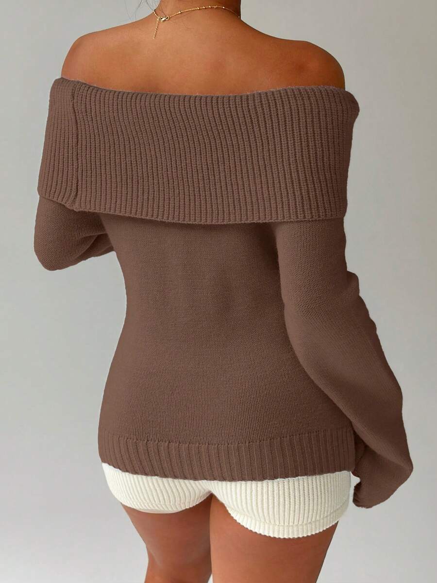 Off Shoulder Foldover Ribbed Knit Jumper