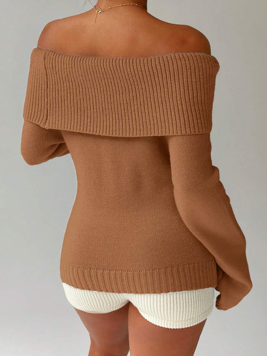 Off Shoulder Foldover Ribbed Knit Jumper
